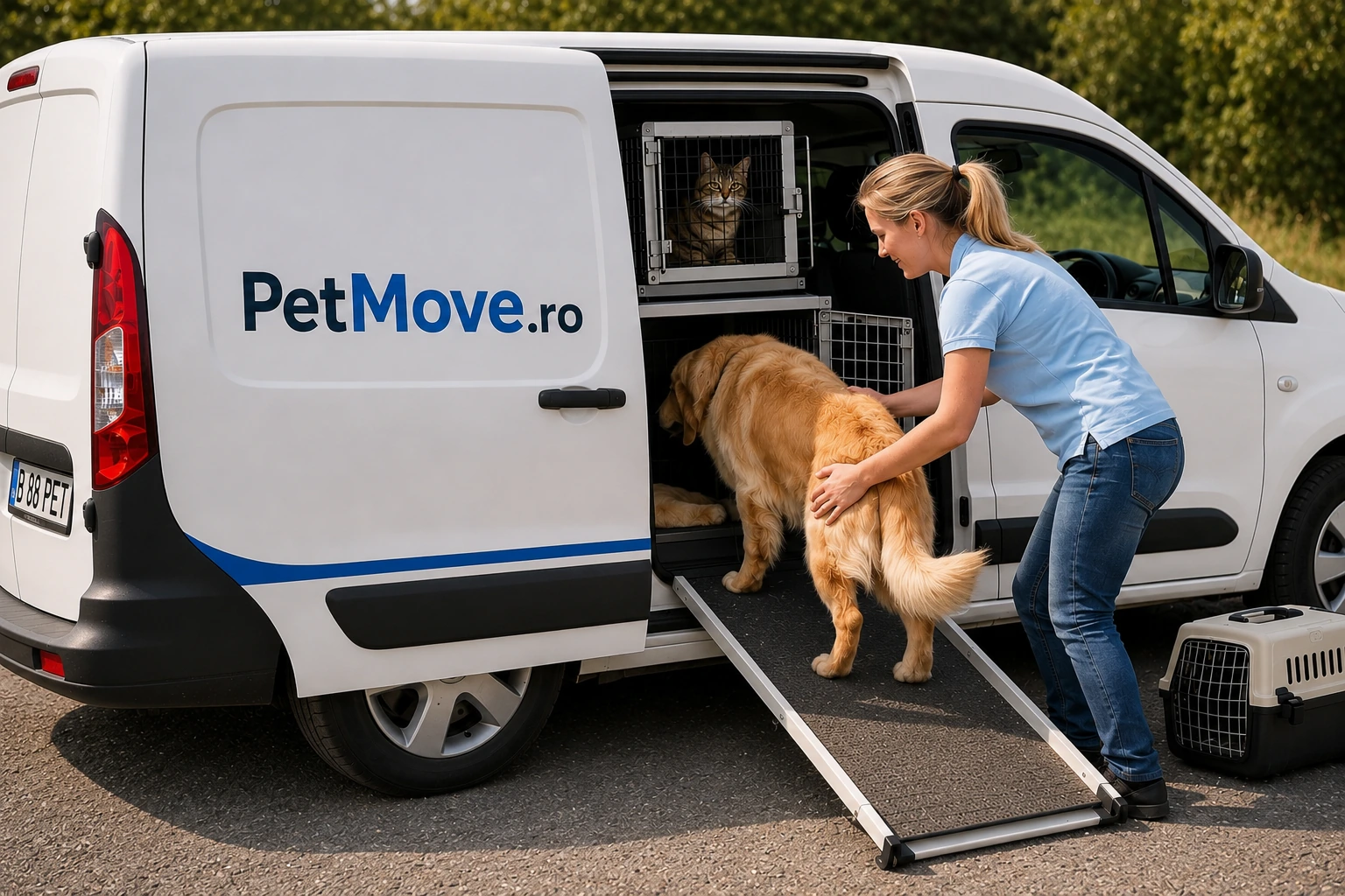 Autoutilitară PetMove cu câine urcând pe rampă în cușcă de transport
